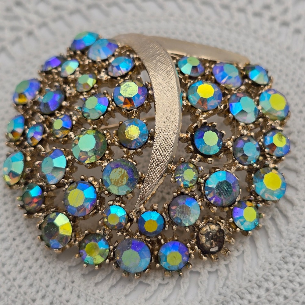 Vintage ART Brooch Aurora Borealis Arthur Pepper Rhinestone Ribbon Accent 2in